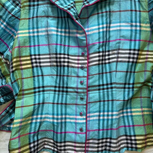 Marisa Baratelli 100% Thai Silk Tie Bow Waist Jacket Top Blouse Size 12 Plaid - Picture 4 of 14